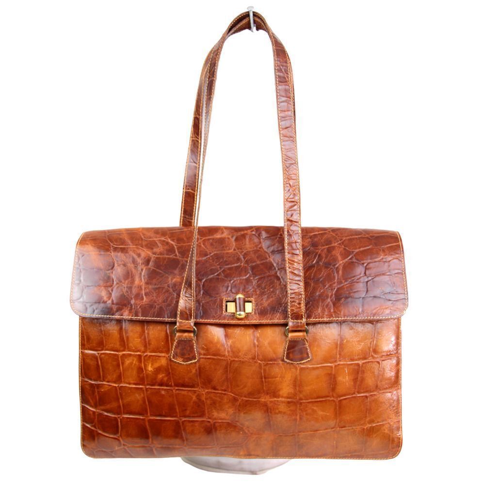 Furlaitaly Tan Brown Croco Print Genuine Leather Flap Busines Shoulder Bag